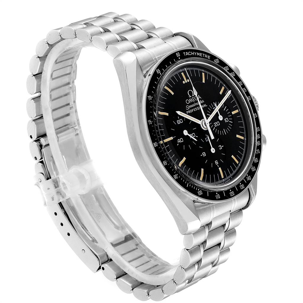 The image shows an Omega Speedmaster Men's Stainless Steel Black Dial Men's Stainless Steel Black Dial watch at an angle highlighting its stainless steel bracelet and black dial.