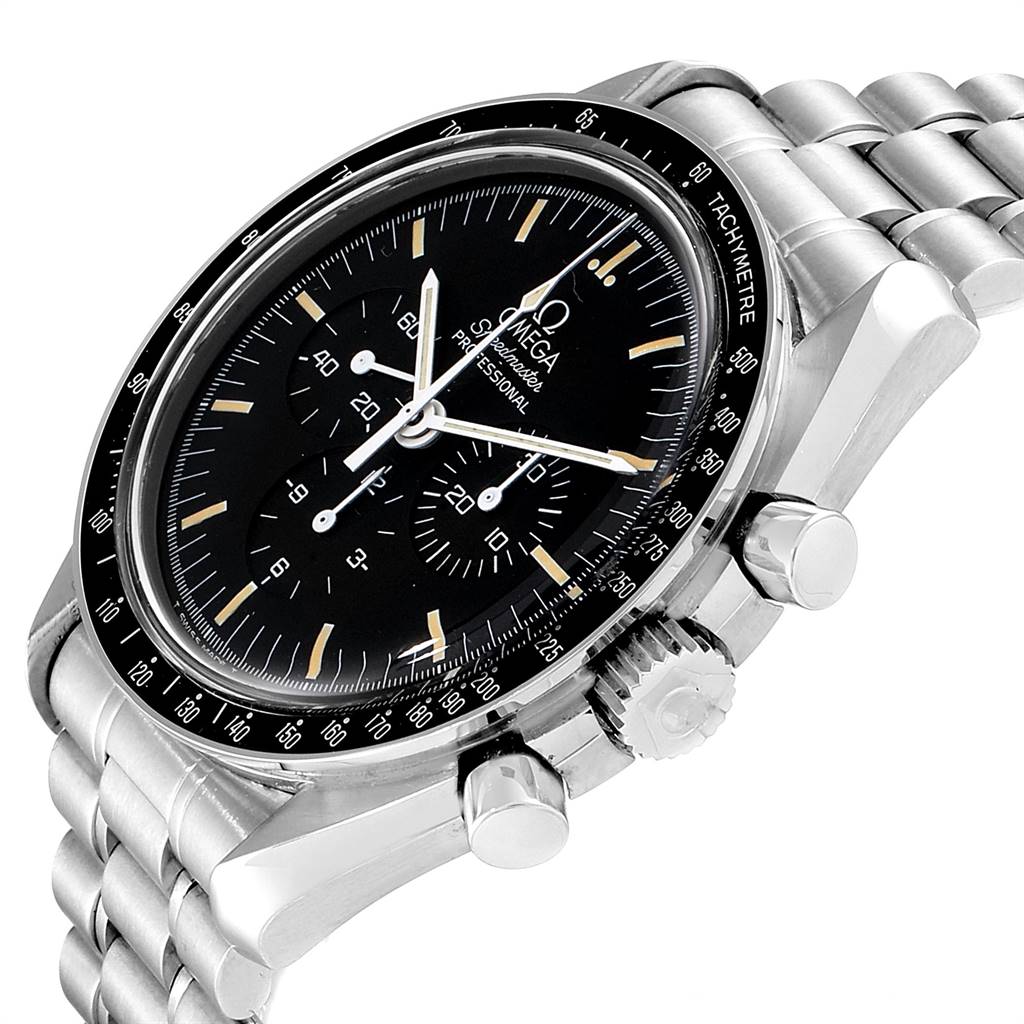 The image shows an Omega Speedmaster Men's Stainless Steel Black Dial Men's Stainless Steel Black Dial watch from an angled side view, highlighting the bezel, dial, and chronograph pushers.