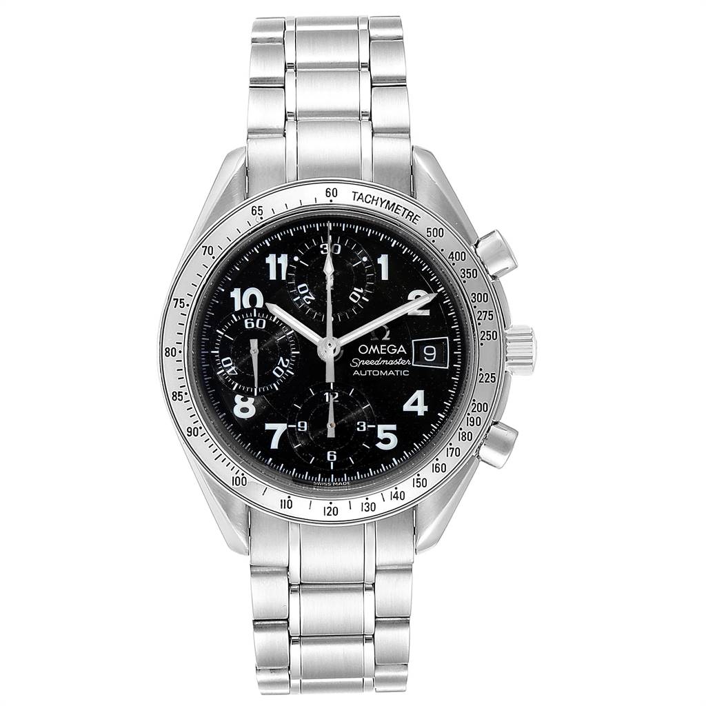 This image shows a front view of the Omega Speedmaster 3513.52.00 Men
s Stainless Steel Black Dial 3513.52.00 Men
s Stainless Steel Black Dial watch, displaying the dial, bezel, buttons, and metal bracelet.