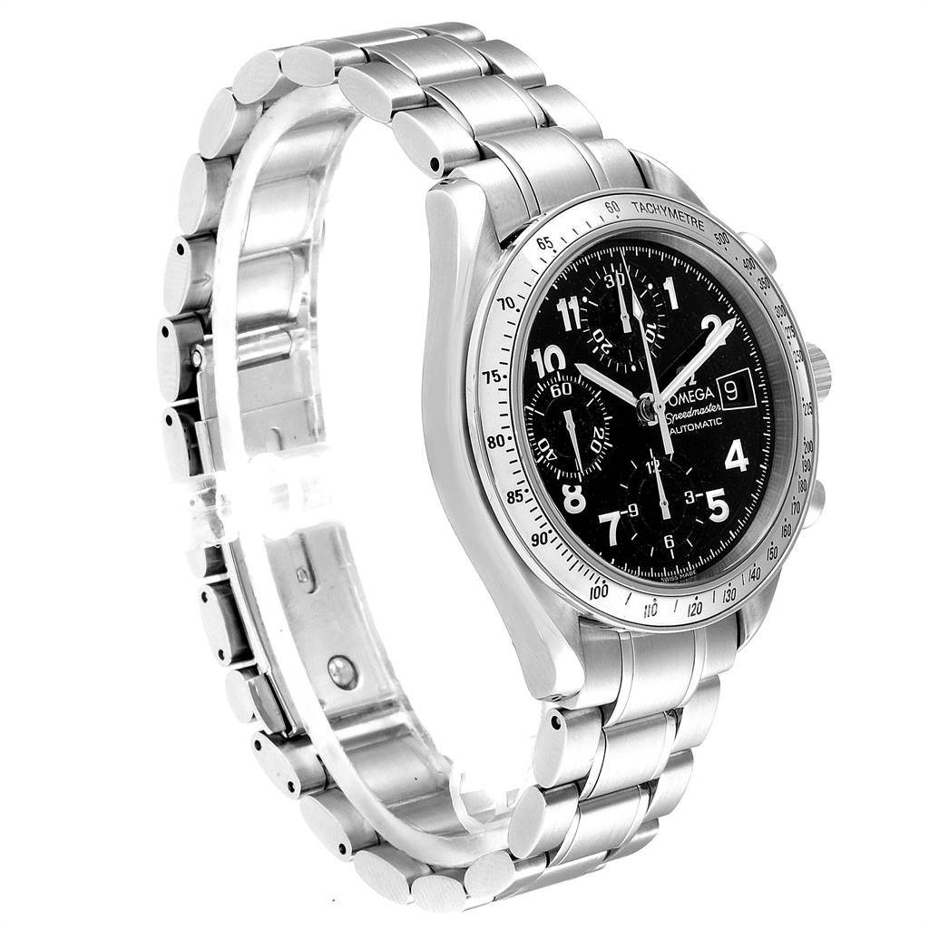 The Omega Speedmaster 3513.52.00 Men
s Stainless Steel Black Dial 3513.52.00 Men
s Stainless Steel Black Dial watch is shown at a slight side angle, displaying its face, bezel, and metal bracelet.