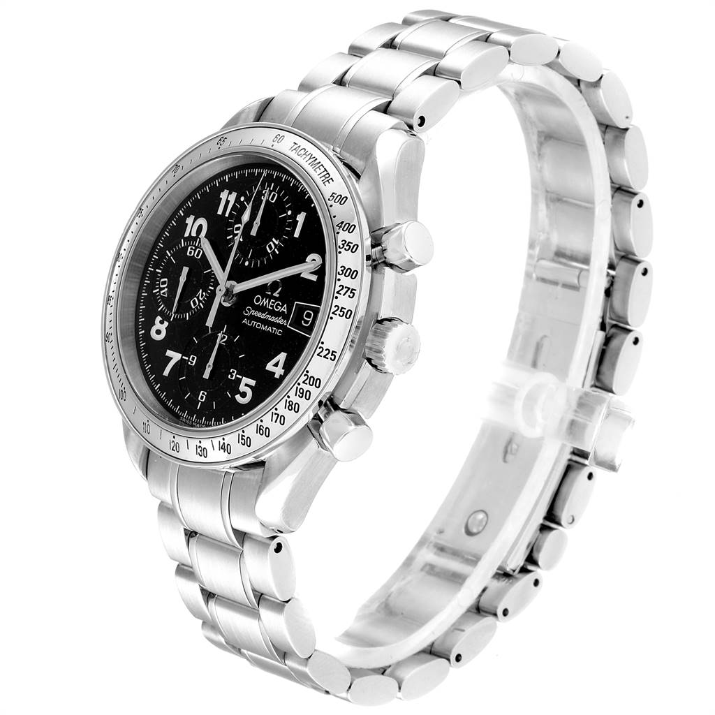 The image shows an angled view of an Omega Speedmaster 3513.52.00 Men
s Stainless Steel Black Dial 3513.52.00 Men
s Stainless Steel Black Dial watch highlighting its stainless steel case, bracelet, and black dial with subdials.