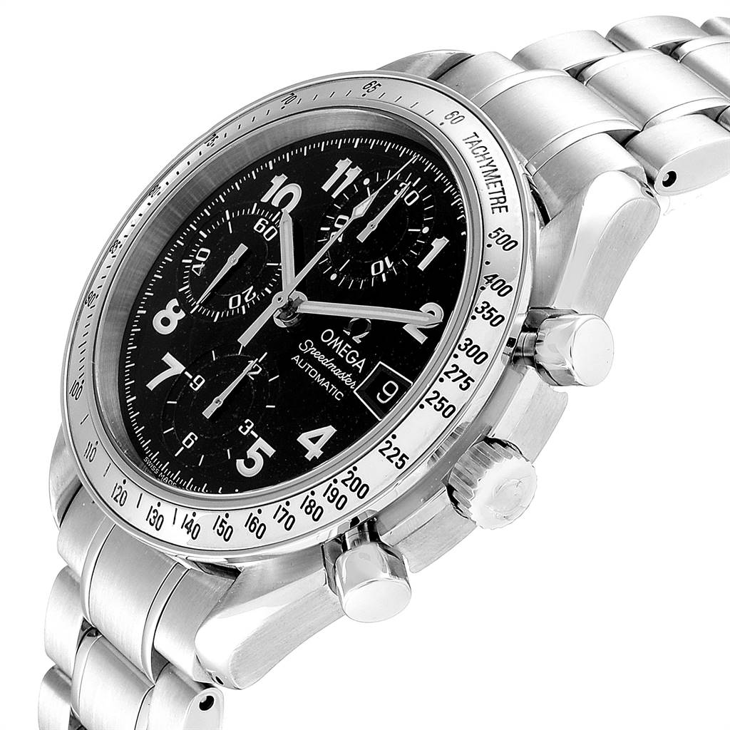The image shows a side view of the Omega Speedmaster 3513.52.00 Men
s Stainless Steel Black Dial 3513.52.00 Men
s Stainless Steel Black Dial watch highlighting the face, crown, chronograph buttons, and bracelet.