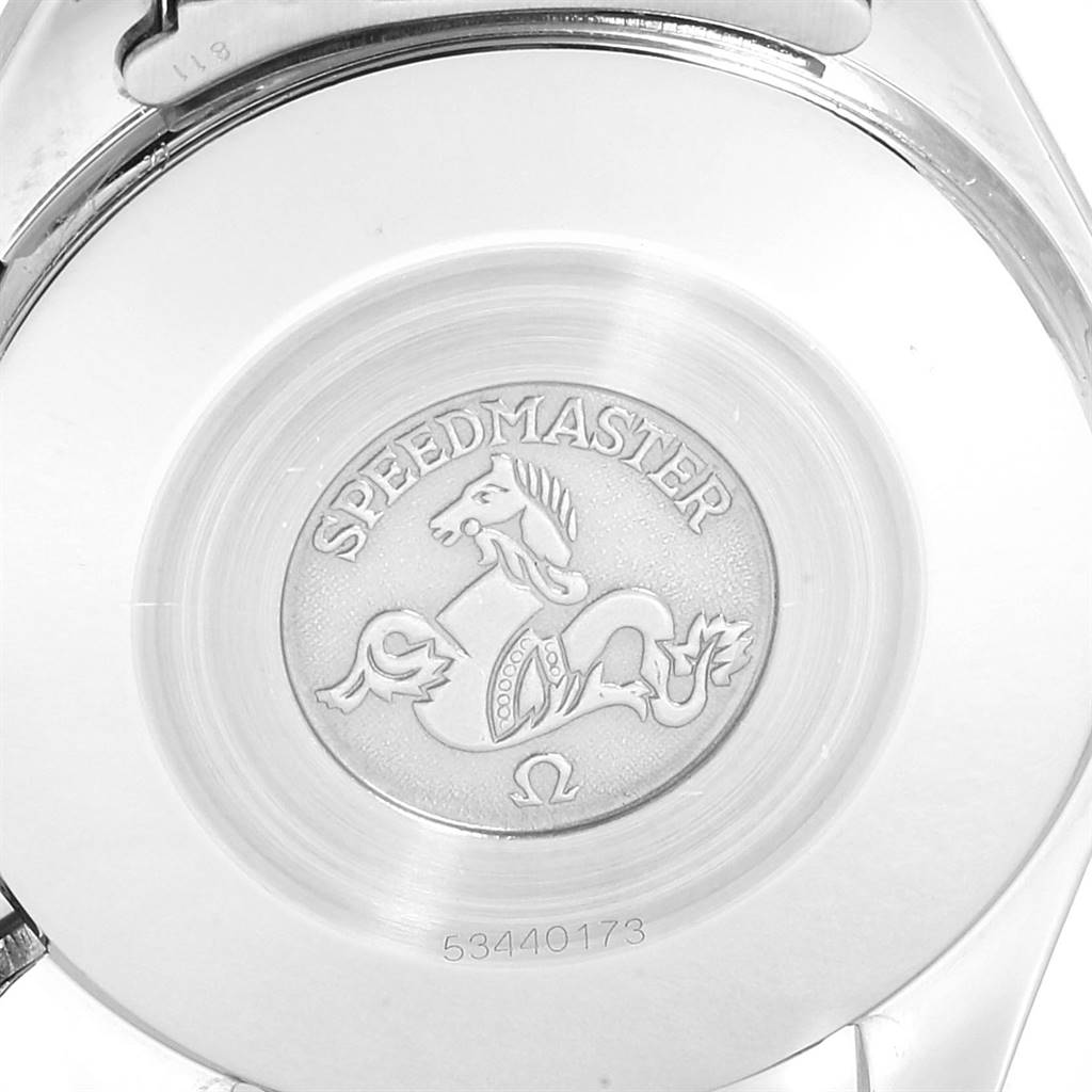 The image shows the case back of an Omega Speedmaster 3510.50.00 Men
s Stainless Steel Black Dial 3510.50.00 Men
s Stainless Steel Black Dial watch, highlighting its engraved logo and serial number.