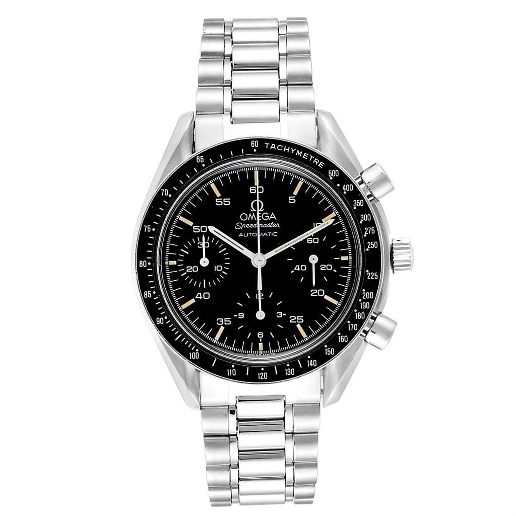 The image shows a front view of the Omega Speedmaster 3510.50.00 Men
s Stainless Steel Black Dial 3510.50.00 Men
s Stainless Steel Black Dial watch, featuring a black dial, chronograph subdials, and a stainless steel bracelet.