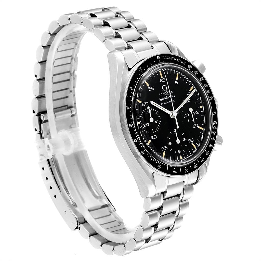 The image shows an Omega Speedmaster 3510.50.00 Men
s Stainless Steel Black Dial 3510.50.00 Men
s Stainless Steel Black Dial watch at a side angle, highlighting the metal bracelet and black dial.