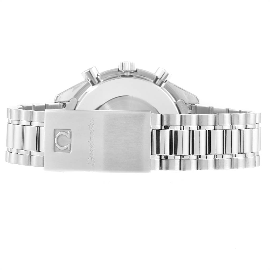 This image shows the clasp and part of the bracelet from the back view of an Omega Speedmaster 3510.50.00 Men
s Stainless Steel Black Dial 3510.50.00 Men
s Stainless Steel Black Dial watch.