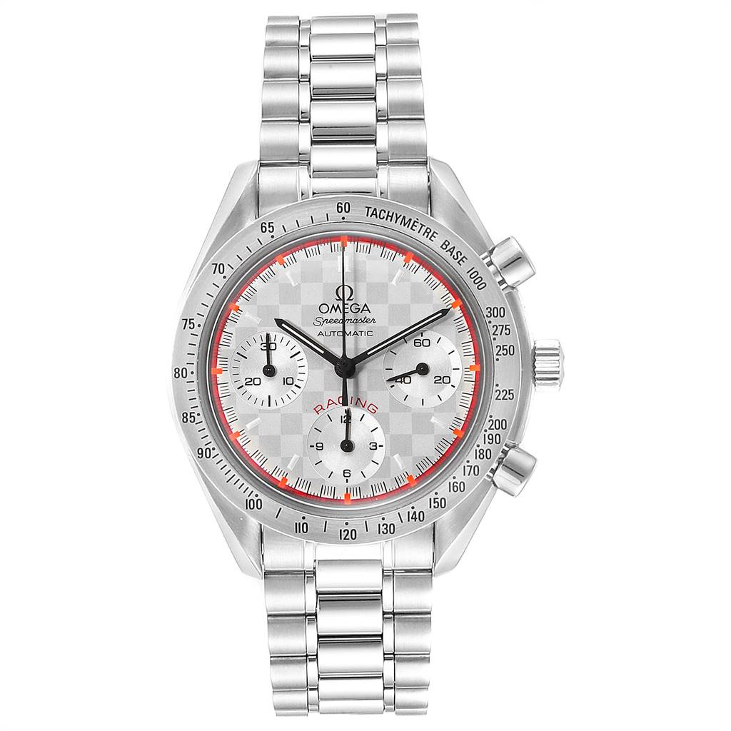 The Omega Speedmaster 3517.30.00 Men's Stainless Steel Silver Dial 3517.30.00 Men's Stainless Steel Silver Dial watch is shown from a front angle, displaying the face, dial, and bracelet.