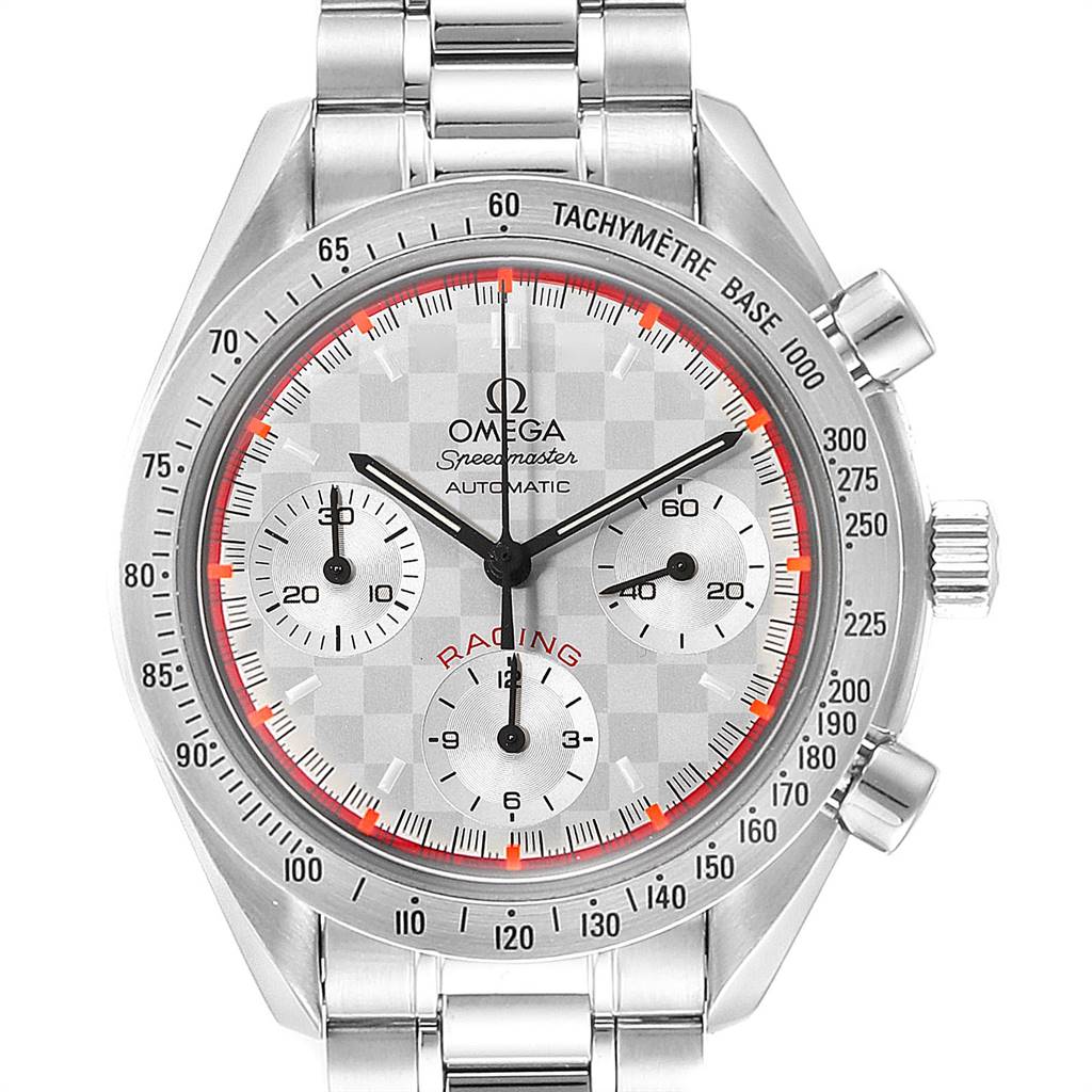 The image shows a front view of an Omega Speedmaster 3517.30.00 Men's Stainless Steel Silver Dial 3517.30.00 Men's Stainless Steel Silver Dial watch, featuring its dial, chronograph sub-dials, and tachymeter bezel.