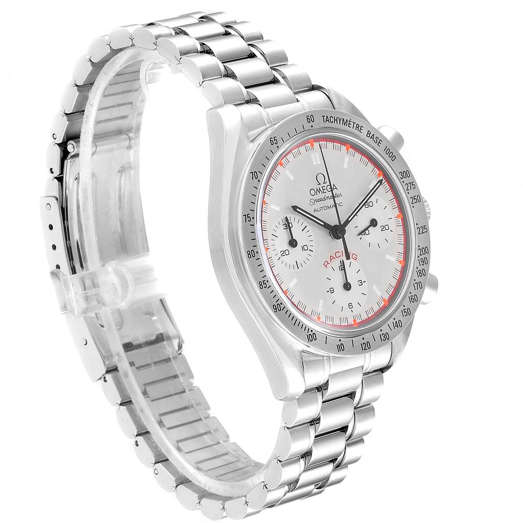 The Omega Speedmaster 3517.30.00 Men's Stainless Steel Silver Dial 3517.30.00 Men's Stainless Steel Silver Dial watch is shown at a three-quarter angle, displaying the face, bezel, and stainless steel bracelet.