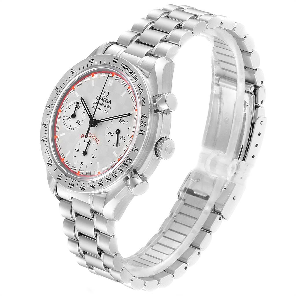 The Omega Speedmaster 3517.30.00 Men's Stainless Steel Silver Dial 3517.30.00 Men's Stainless Steel Silver Dial watch is shown at a 3/4 angle displaying its dial, tachymeter, case, and stainless steel bracelet.