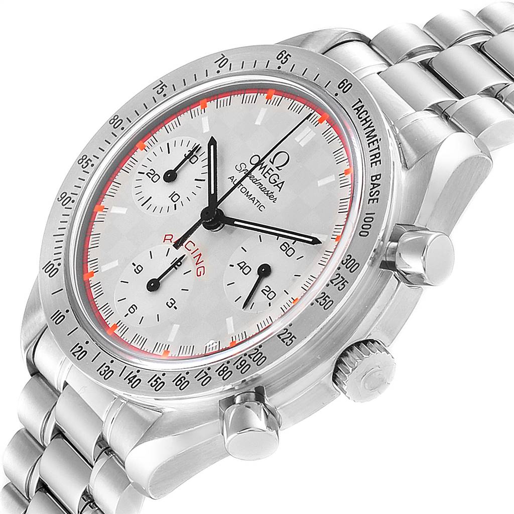 The image shows an Omega Speedmaster 3517.30.00 Men's Stainless Steel Silver Dial 3517.30.00 Men's Stainless Steel Silver Dial watch at an angled close-up, highlighting the dial, bezel, push buttons, and part of the stainless steel bracelet.