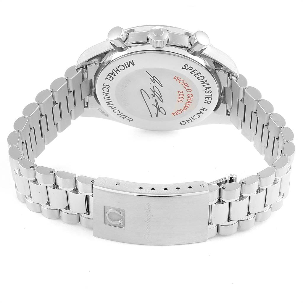 The image shows the back and clasp of an Omega Speedmaster 3517.30.00 Men's Stainless Steel Silver Dial 3517.30.00 Men's Stainless Steel Silver Dial watch, including the engraved case back and metal bracelet.