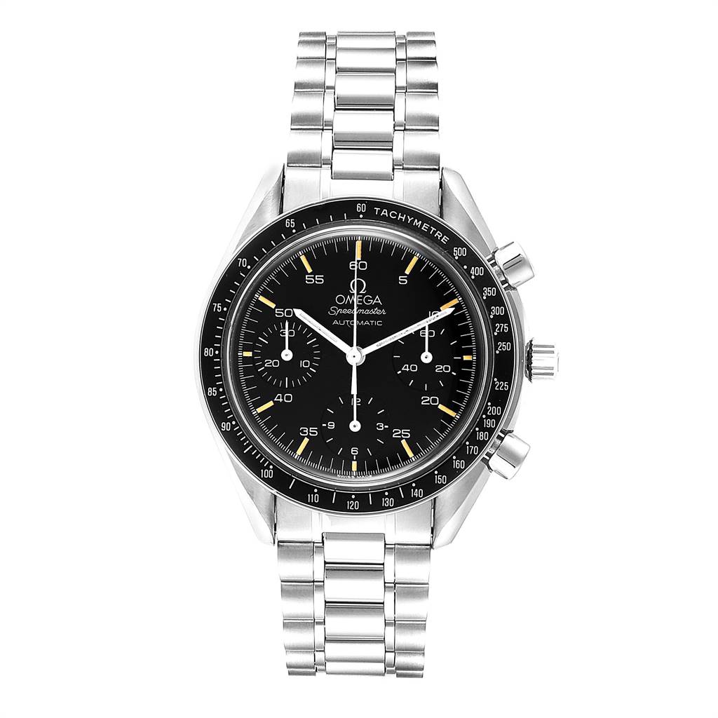 This image shows a front view of the Omega Speedmaster 3510.50.00 Men
s Stainless Steel Black Dial 3510.50.00 Men
s Stainless Steel Black Dial watch, displaying its face, bezel, and bracelet.