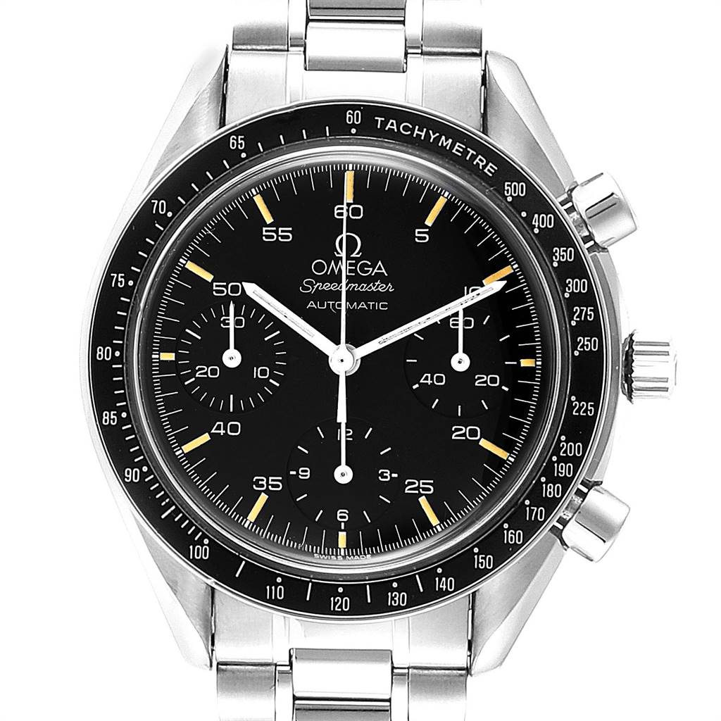 This is a front view of the Omega Speedmaster 3510.50.00 Men
s Stainless Steel Black Dial 3510.50.00 Men
s Stainless Steel Black Dial watch, showing the dial, tachymeter bezel, and stainless steel bracelet.