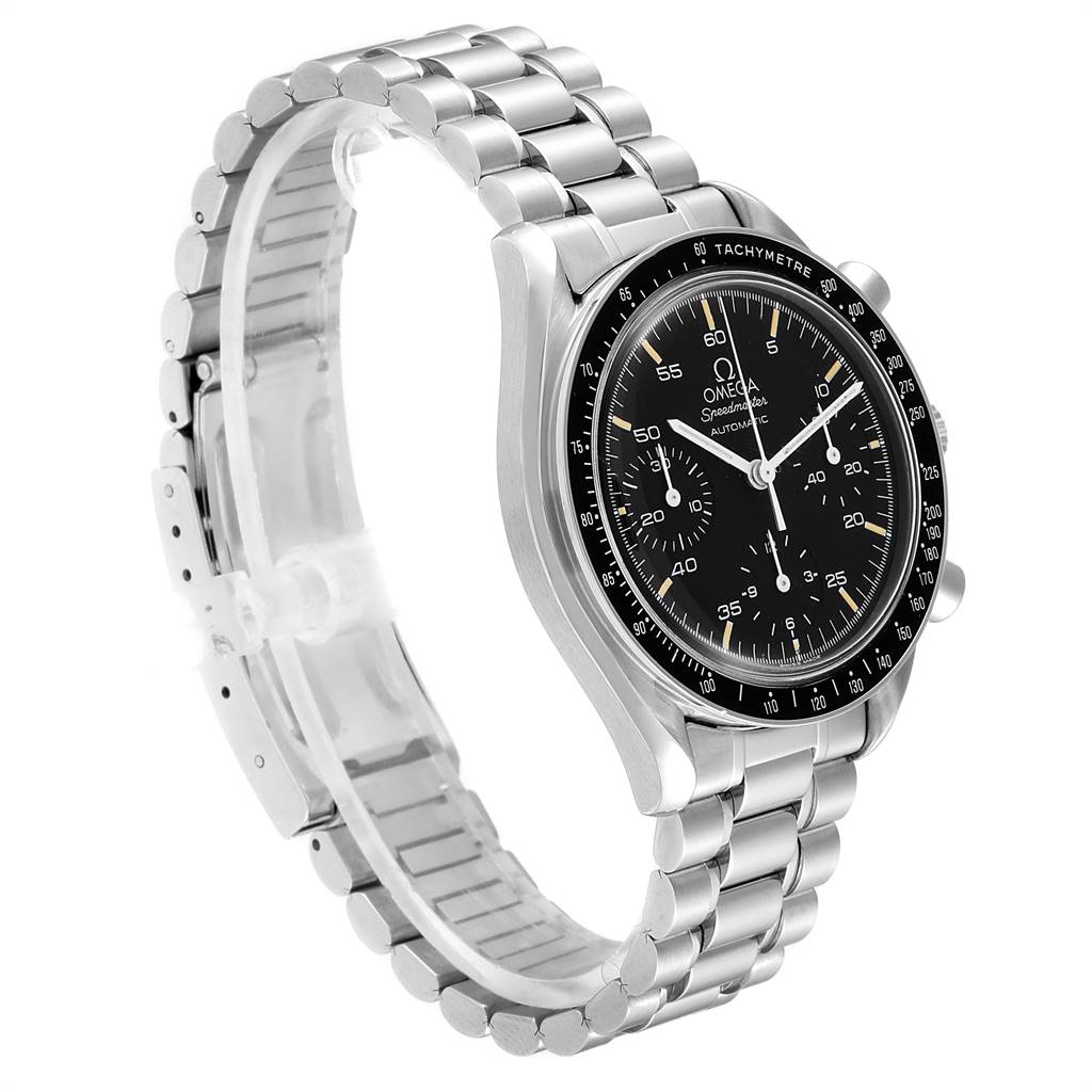 This image shows an Omega Speedmaster 3510.50.00 Men
s Stainless Steel Black Dial 3510.50.00 Men
s Stainless Steel Black Dial watch at a three-quarter angle, highlighting the face, bezel, and bracelet.