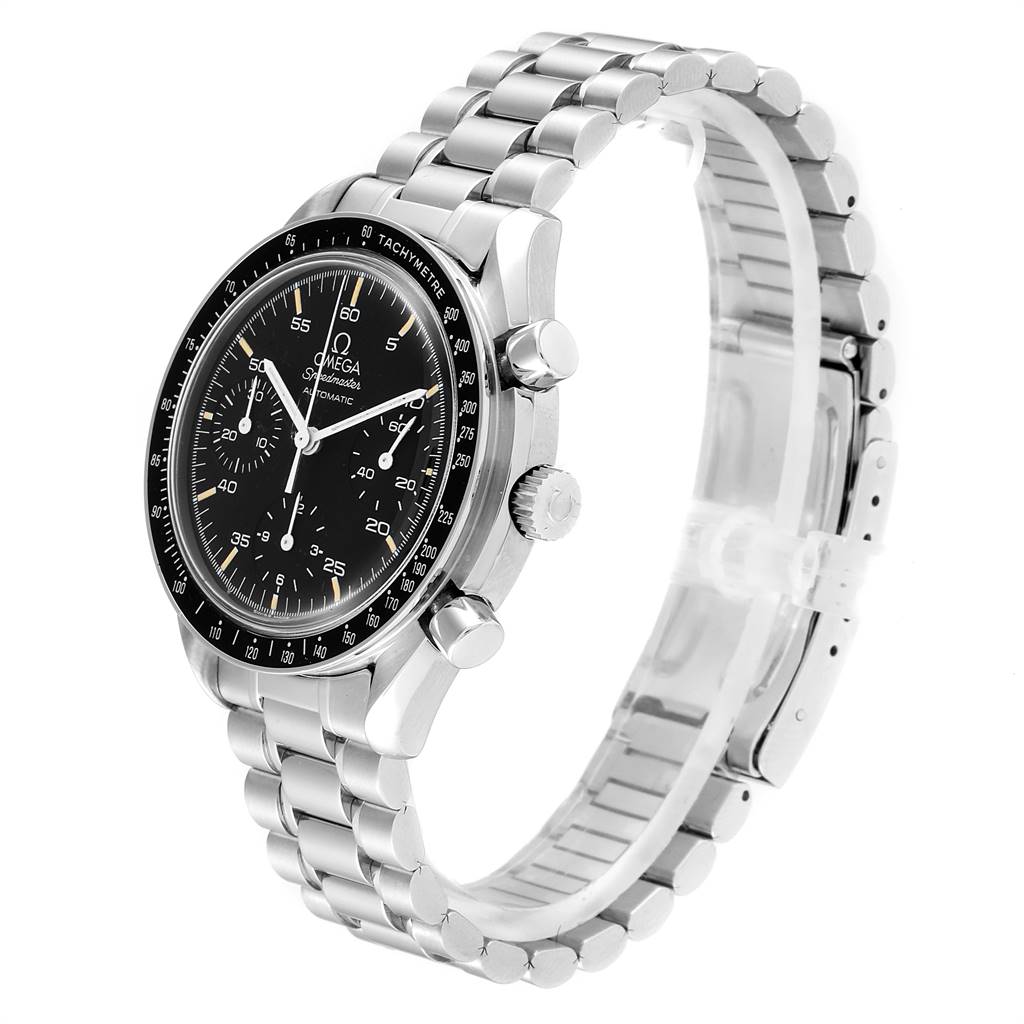 This image shows the Omega Speedmaster 3510.50.00 Men
s Stainless Steel Black Dial 3510.50.00 Men
s Stainless Steel Black Dial watch from a three-quarter angle, highlighting its bracelet, bezel, and black dial.