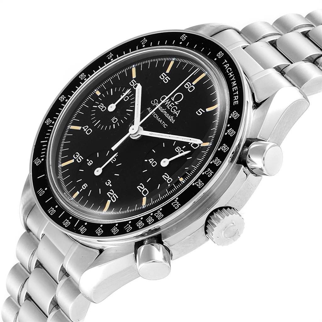The Omega Speedmaster 3510.50.00 Men
s Stainless Steel Black Dial 3510.50.00 Men
s Stainless Steel Black Dial watch is shown at an angle revealing the face, bezel, crown, pushers, and part of the bracelet.
