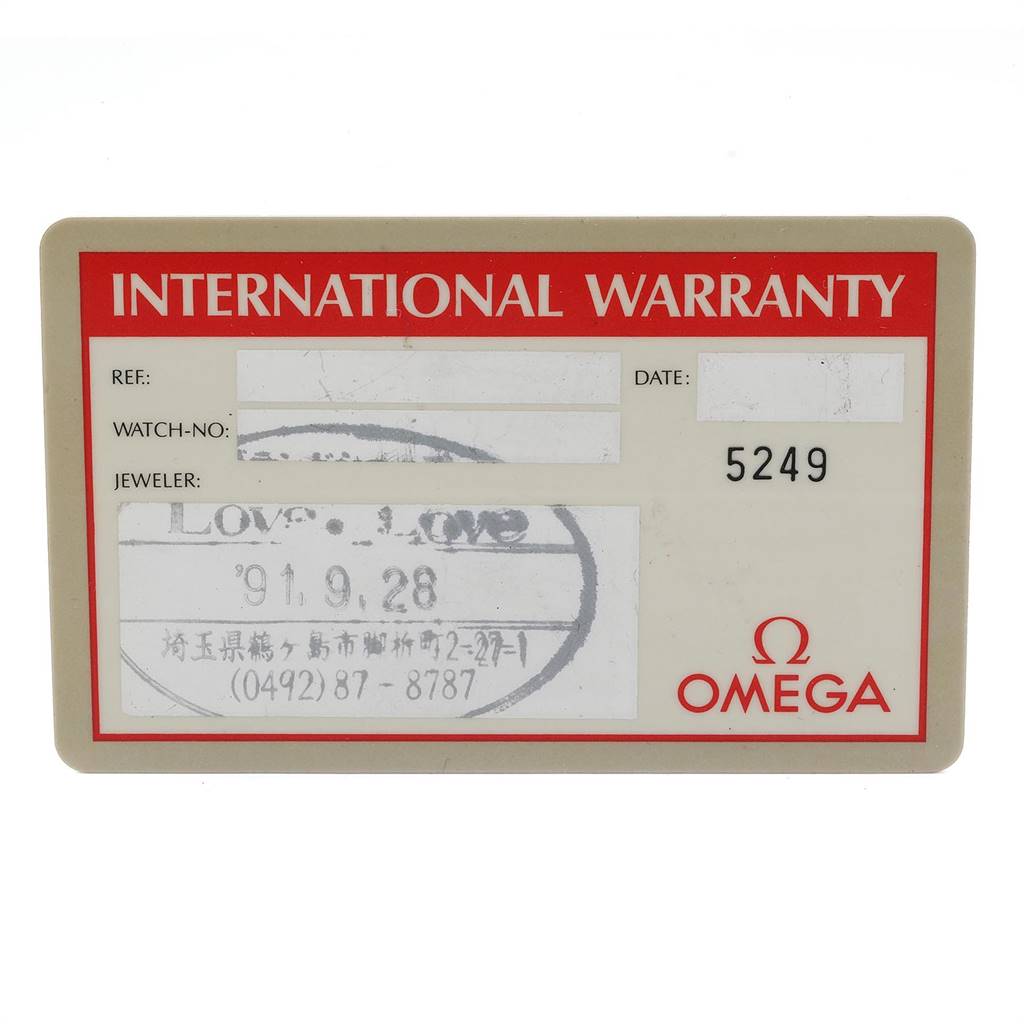 This image shows an international warranty card for the Omega Speedmaster 3510.50.00 Men
s Stainless Steel Black Dial 3510.50.00 Men
s Stainless Steel Black Dial watch model.