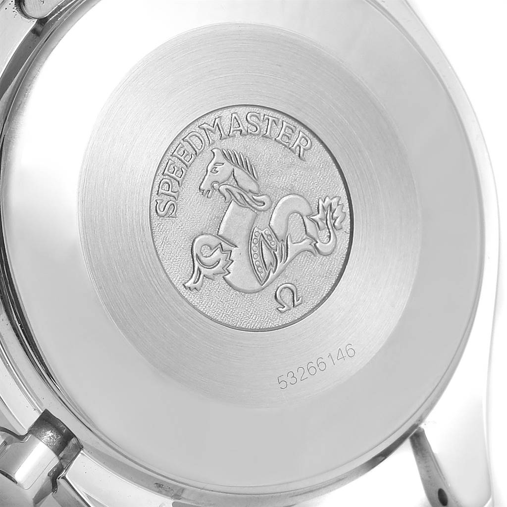 The image shows the back case of an Omega Speedmaster 3510.50.00 Men
s Stainless Steel Black Dial 3510.50.00 Men
s Stainless Steel Black Dial watch, featuring the model
s engraved logo and serial number.