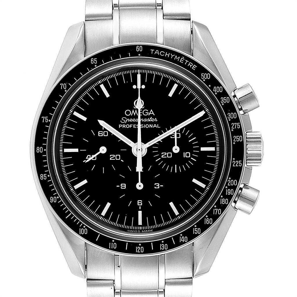 The Omega Speedmaster 3560.50.00 Men
s Stainless Steel Black Dial 3560.50.00 Men
s Stainless Steel Black Dial watch is shown from a front angle, displaying the dial, tachymeter bezel, and part of the bracelet.