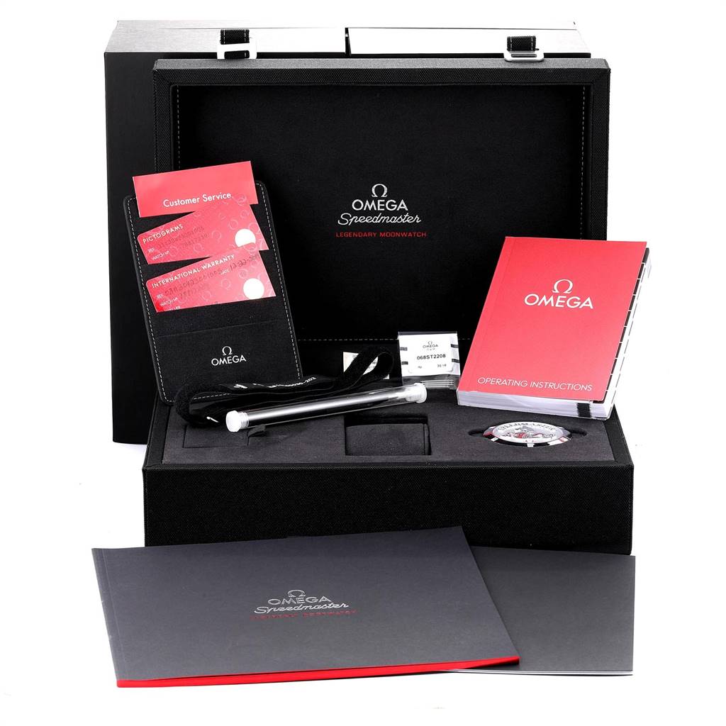 The image shows the Omega Speedmaster 311.30.42.30.01.005 Men
s Stainless Steel Black Dial 311.30.42.30.01.005 Men
s Stainless Steel Black Dial watch package, including manuals, warranty cards, and the watch itself with accessories.