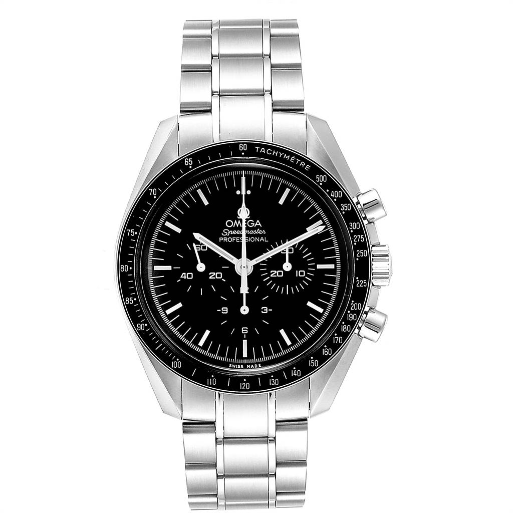 The image shows a front view of the Omega Speedmaster 311.30.42.30.01.005 Men
s Stainless Steel Black Dial 311.30.42.30.01.005 Men
s Stainless Steel Black Dial Professional watch, highlighting the dial, tachymeter bezel, and stainless steel bracelet.
