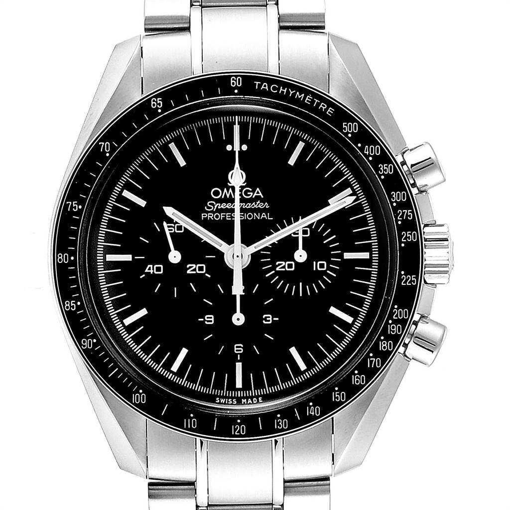 This image shows a front view of an Omega Speedmaster 311.30.42.30.01.005 Men
s Stainless Steel Black Dial 311.30.42.30.01.005 Men
s Stainless Steel Black Dial watch, highlighting its face, bezel, and stainless steel bracelet.