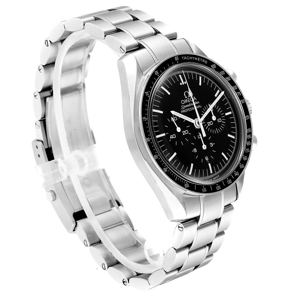 The Omega Speedmaster 311.30.42.30.01.005 Men
s Stainless Steel Black Dial 311.30.42.30.01.005 Men
s Stainless Steel Black Dial watch is shown at a three-quarter angle, displaying the face, bezel, and metal bracelet.