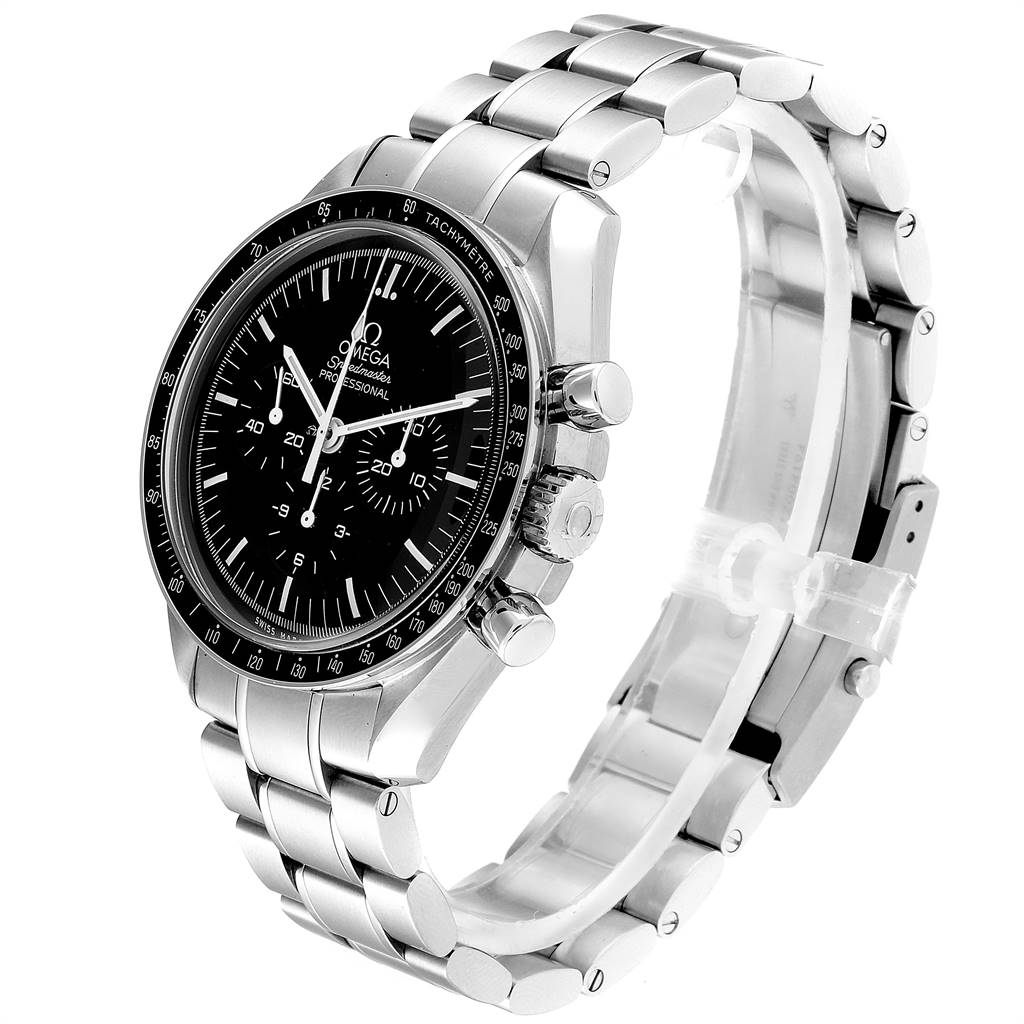 The Omega Speedmaster 311.30.42.30.01.005 Men
s Stainless Steel Black Dial 311.30.42.30.01.005 Men
s Stainless Steel Black Dial watch is shown at a slight angle, displaying the face, bezel, crown, pushers, and metal bracelet.