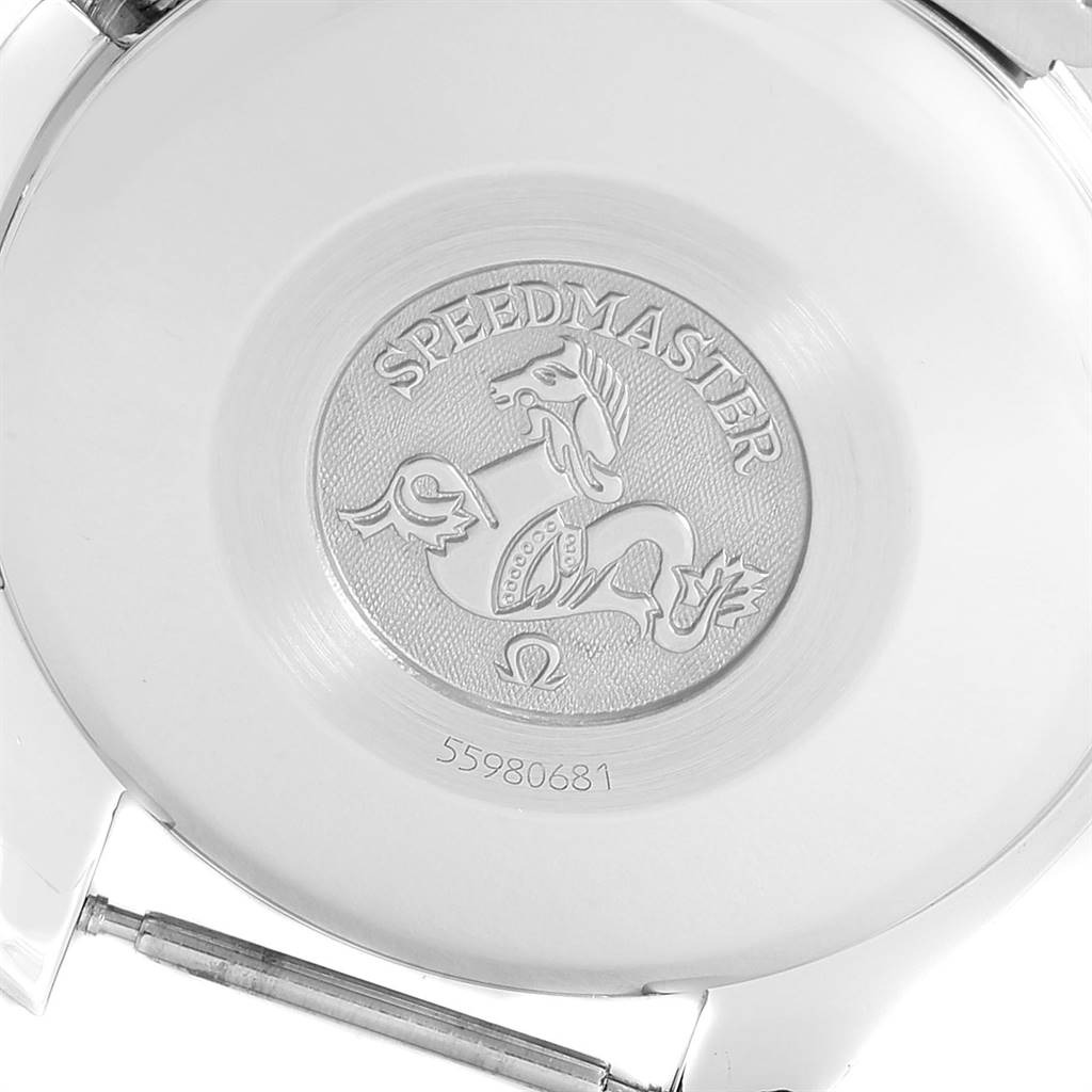 This image shows the back of an Omega Speedmaster 3511.80.00 Men
s Stainless Steel Blue Dial 3511.80.00 Men
s Stainless Steel Blue Dial watch, featuring the engraved emblem and serial number.