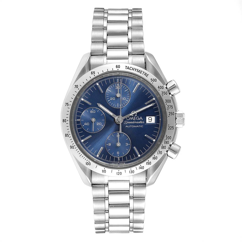 The Omega Speedmaster 3511.80.00 Men
s Stainless Steel Blue Dial 3511.80.00 Men
s Stainless Steel Blue Dial watch is shown from a front angle, displaying the face, dial, three subdials, date window, and bracelet.