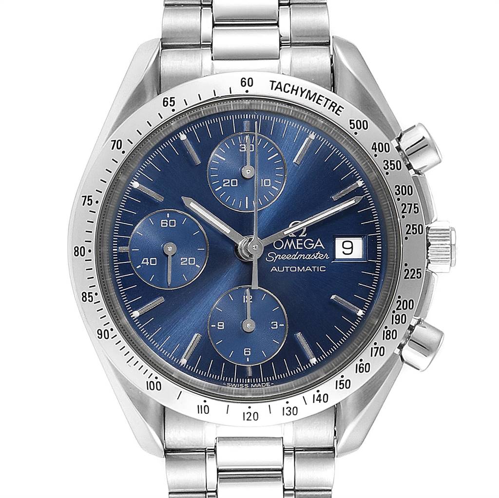 The image shows a front view of the Omega Speedmaster 3511.80.00 Men
s Stainless Steel Blue Dial 3511.80.00 Men
s Stainless Steel Blue Dial watch, highlighting the blue dial, tachymeter bezel, and chronograph subdials.
