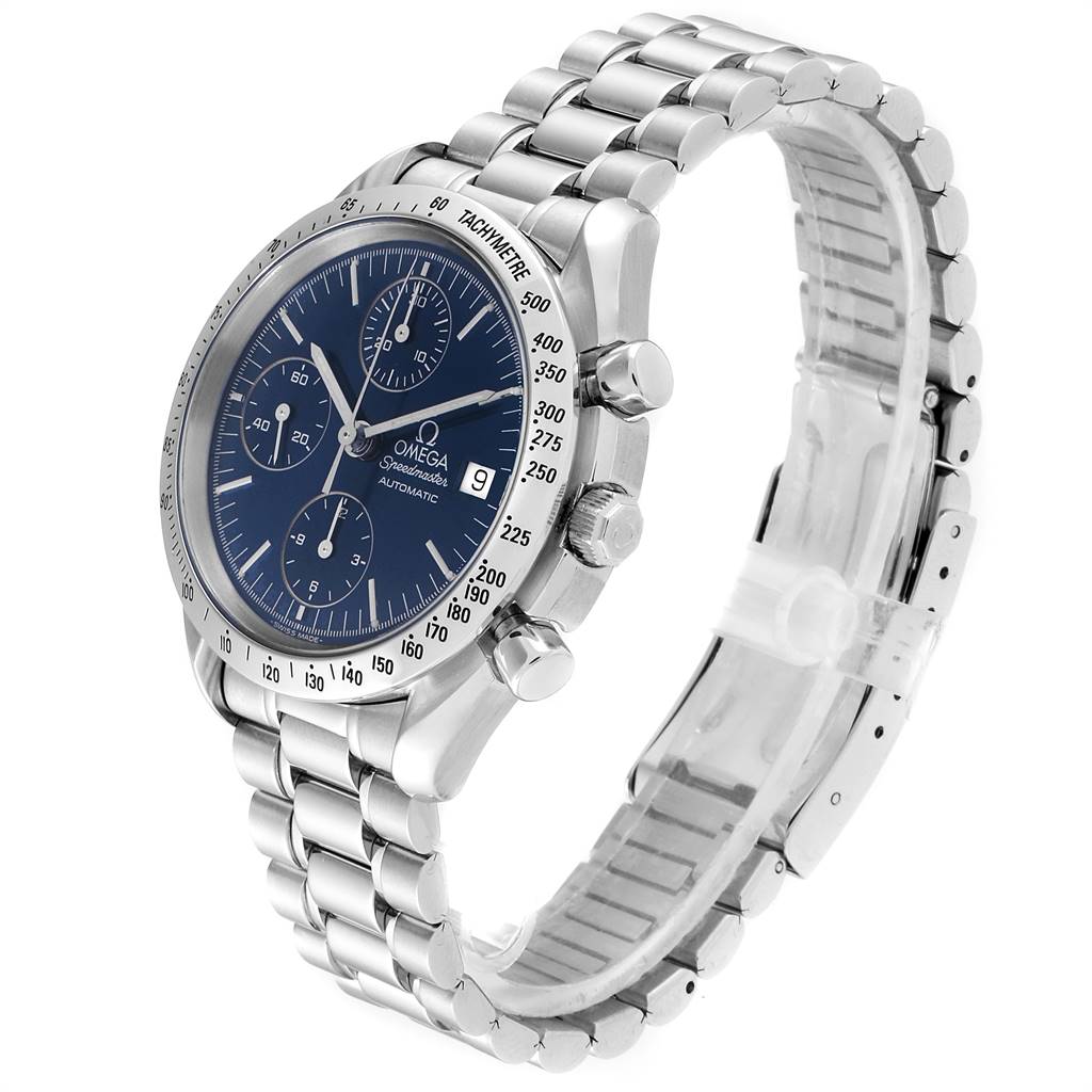 The image shows the Omega Speedmaster 3511.80.00 Men
s Stainless Steel Blue Dial 3511.80.00 Men
s Stainless Steel Blue Dial watch at a three-quarter angle, highlighting its face, chronograph dials, and bracelet.