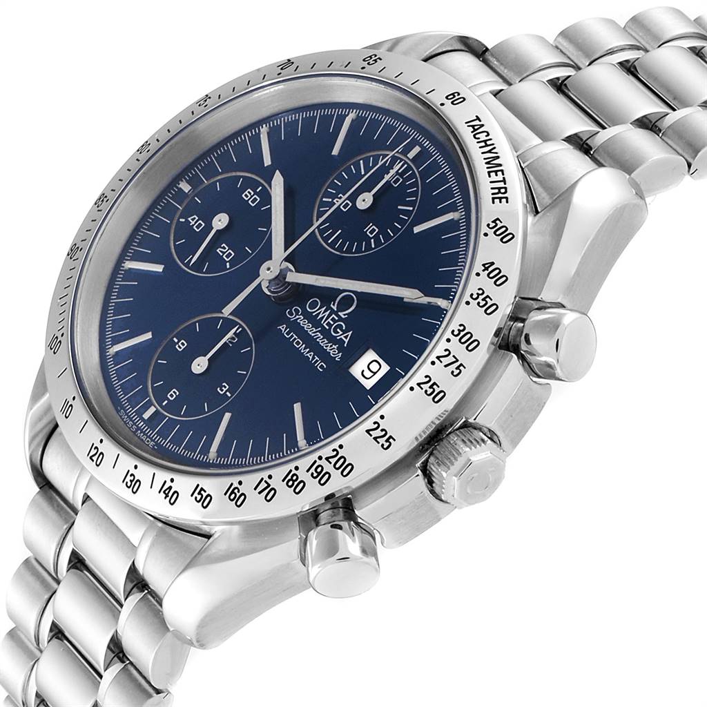 The image shows the Omega Speedmaster 3511.80.00 Men
s Stainless Steel Blue Dial 3511.80.00 Men
s Stainless Steel Blue Dial watch at a three-quarter angle, highlighting the dial, bezel, chronograph sub-dials, and the bracelet.