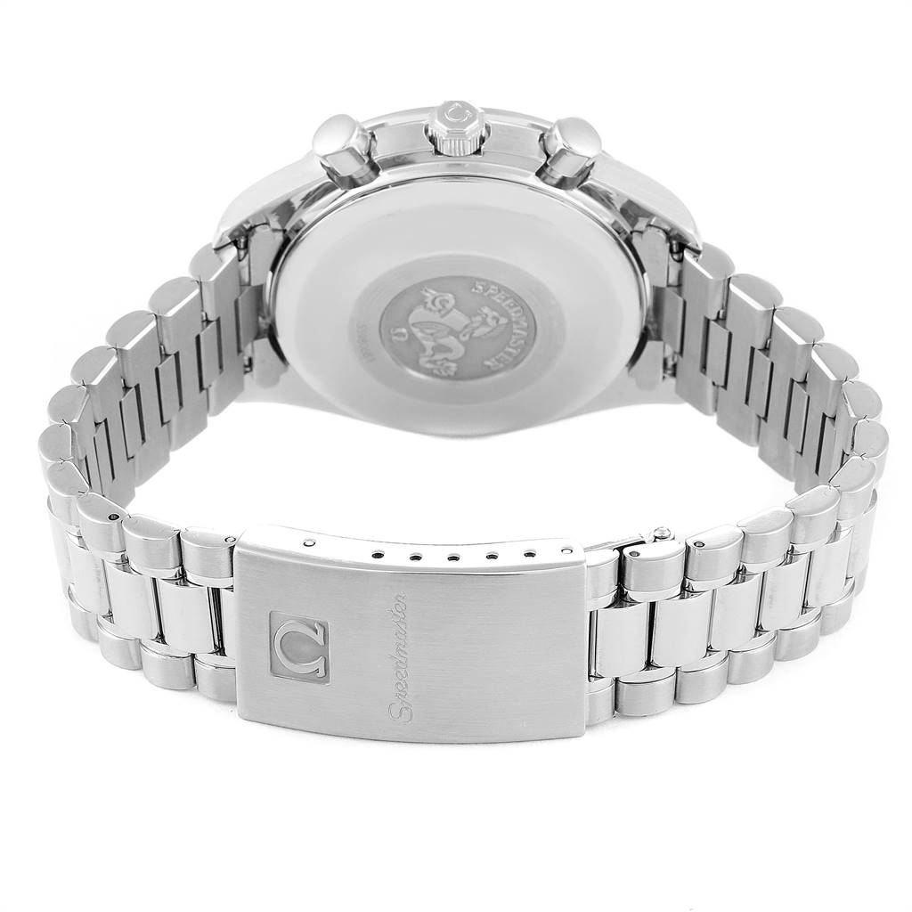 This image shows the back view of the Omega Speedmaster 3511.80.00 Men
s Stainless Steel Blue Dial 3511.80.00 Men
s Stainless Steel Blue Dial watch, highlighting its bracelet and clasp.