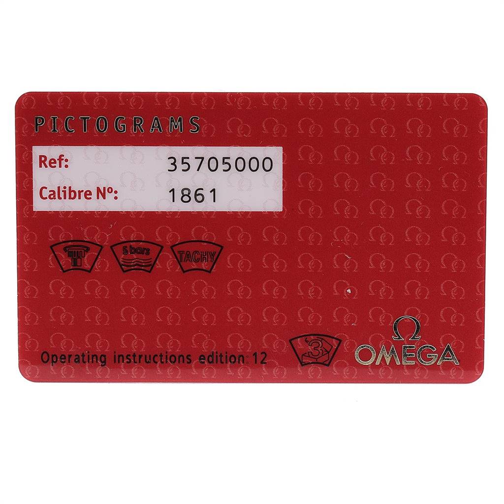 This is the warranty card for the Omega Speedmaster 3570.50.00 Men
s Stainless Steel Black Dial 3570.50.00 Men
s Stainless Steel Black Dial model, showing the reference number, calibre number, and pictograms.