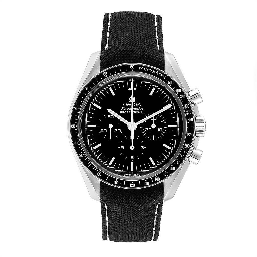 The image shows a front view of the Omega Speedmaster 3570.50.00 Men
s Stainless Steel Black Dial 3570.50.00 Men
s Stainless Steel Black Dial watch, showcasing its black dial, tachymetre bezel, and pushers on the right.
