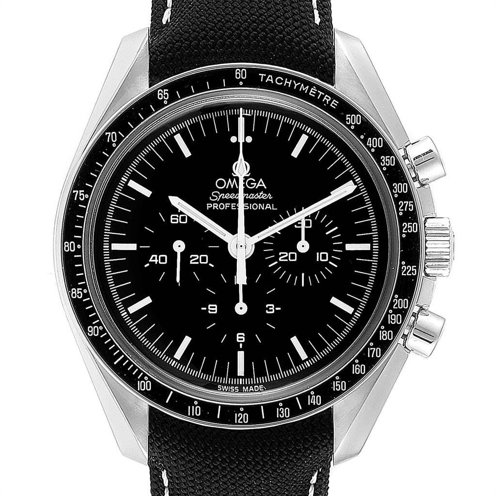 This is a frontal view of an Omega Speedmaster 3570.50.00 Men
s Stainless Steel Black Dial 3570.50.00 Men
s Stainless Steel Black Dial watch, showcasing the dial, bezel, crown, and chronograph pushers.