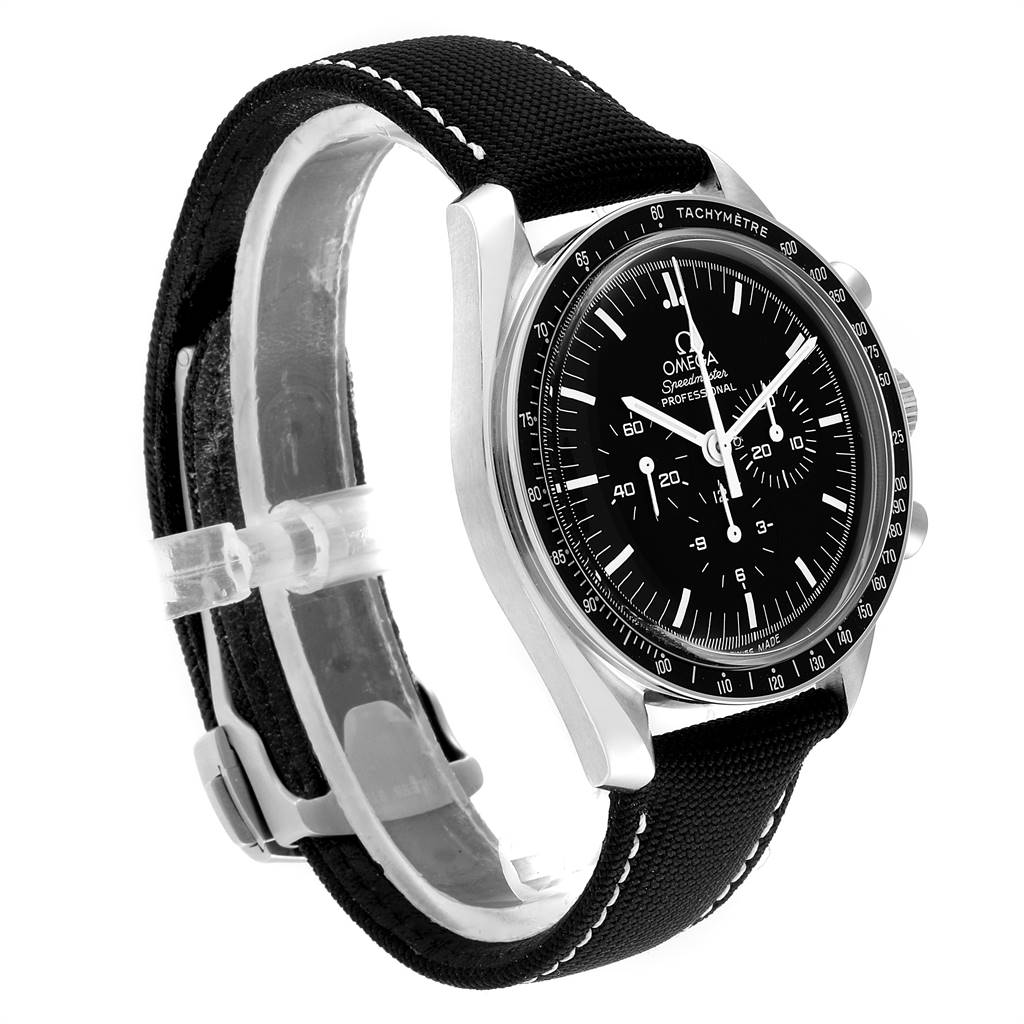 The Omega Speedmaster 3570.50.00 Men
s Stainless Steel Black Dial 3570.50.00 Men
s Stainless Steel Black Dial watch is shown at a side angle, displaying its face, bezel, and black strap.
