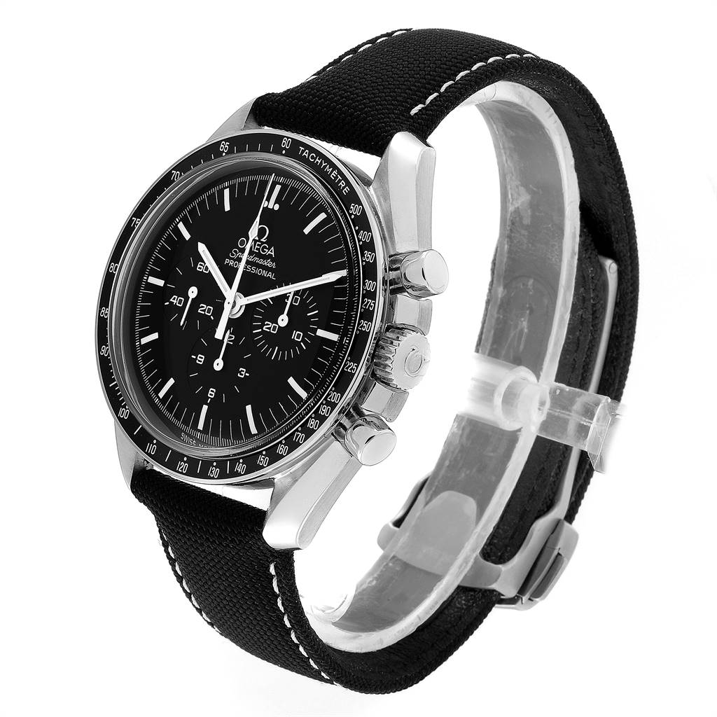 The image shows an Omega Speedmaster 3570.50.00 Men
s Stainless Steel Black Dial 3570.50.00 Men
s Stainless Steel Black Dial watch at an oblique angle, highlighting the dial, bezel, pushers, and strap.