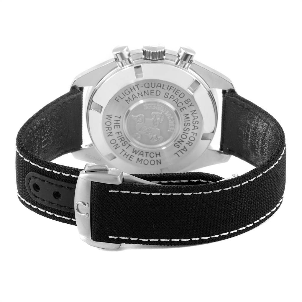 The image shows the back view of an Omega Speedmaster 3570.50.00 Men
s Stainless Steel Black Dial 3570.50.00 Men
s Stainless Steel Black Dial watch, displaying the case back and black strap with buckle.