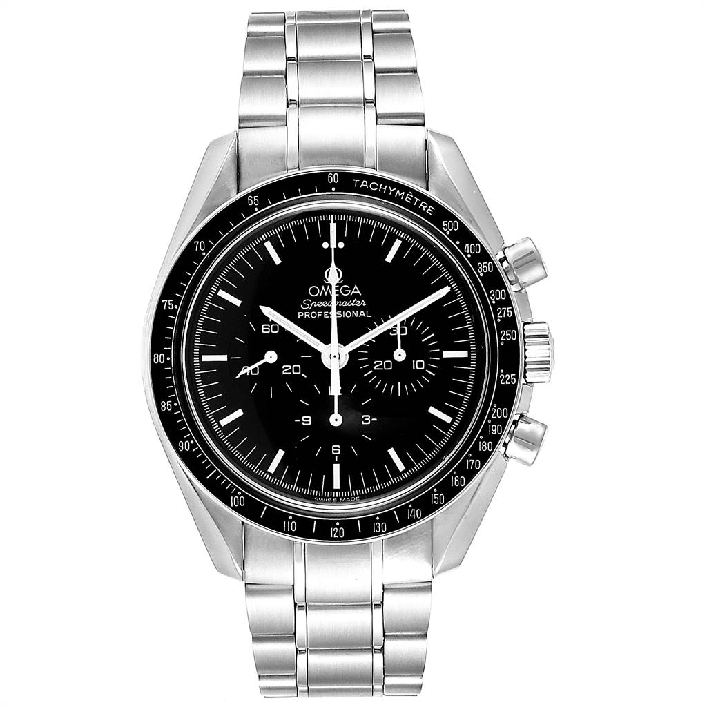 This image shows a front view of the Omega Speedmaster 3560.50.00 Men
s Stainless Steel Black Dial 3560.50.00 Men
s Stainless Steel Black Dial watch, featuring its dial, hands, tachymeter bezel, and stainless steel bracelet.