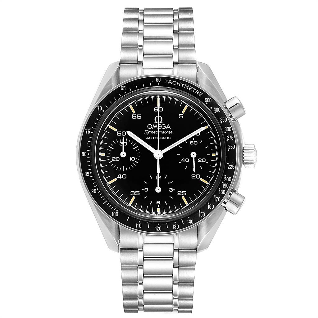 The image shows a front view of an Omega Speedmaster 3510.50.00 Men
s Stainless Steel Black Dial 3510.50.00 Men
s Stainless Steel Black Dial watch, featuring a black dial, tachymeter bezel, and metal bracelet.