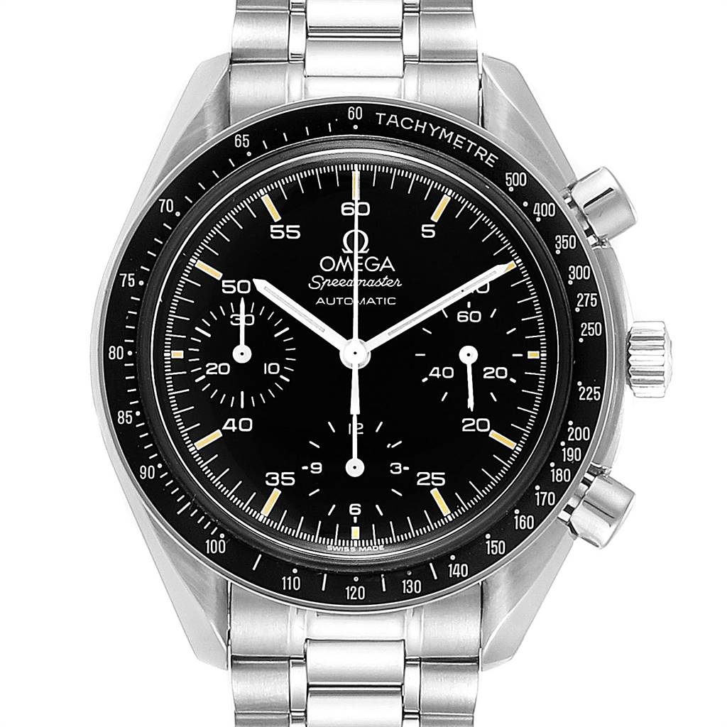 The Omega Speedmaster 3510.50.00 Men
s Stainless Steel Black Dial 3510.50.00 Men
s Stainless Steel Black Dial watch is shown from the front, highlighting the dial, tachymeter bezel, and stainless steel bracelet.