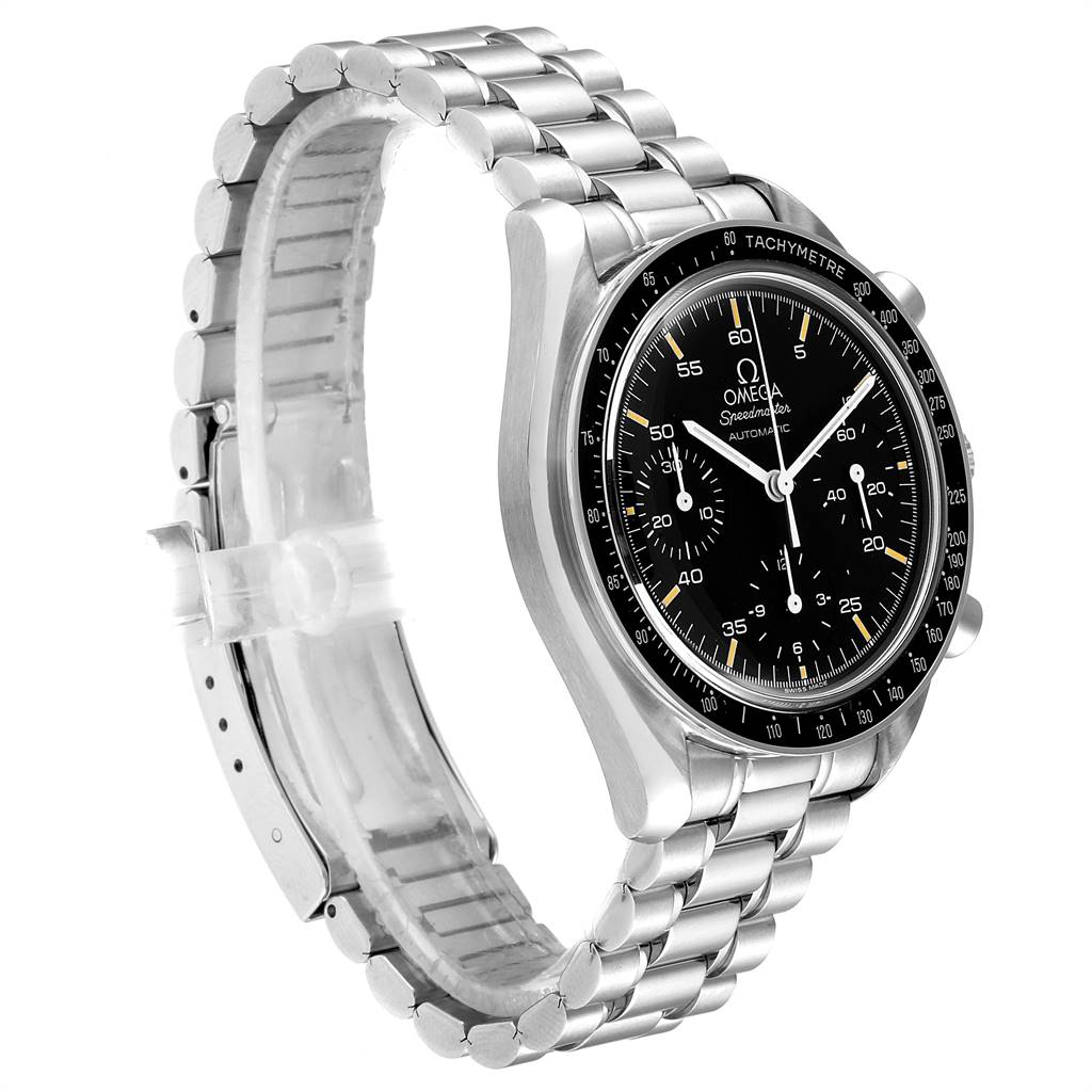 The image shows a side angle of an Omega Speedmaster 3510.50.00 Men
s Stainless Steel Black Dial 3510.50.00 Men
s Stainless Steel Black Dial watch, highlighting its stainless steel bracelet and black dial.