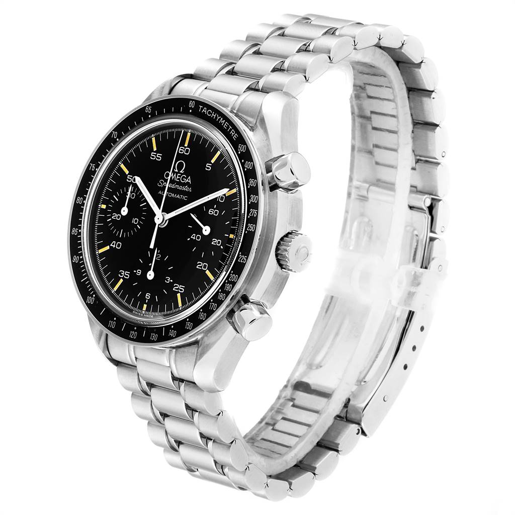 The Omega Speedmaster 3510.50.00 Men
s Stainless Steel Black Dial 3510.50.00 Men
s Stainless Steel Black Dial watch is shown at a three-quarter angle, highlighting the face, bezel, crown, pushers, and stainless steel bracelet.