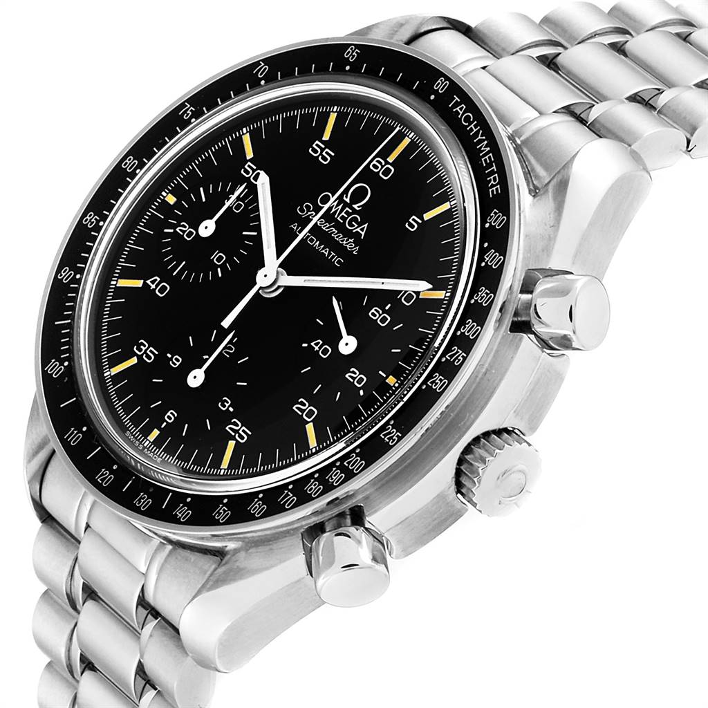 This angled image showcases the dial, bezel, crown, and pushers of the Omega Speedmaster 3510.50.00 Men
s Stainless Steel Black Dial 3510.50.00 Men
s Stainless Steel Black Dial watch.
