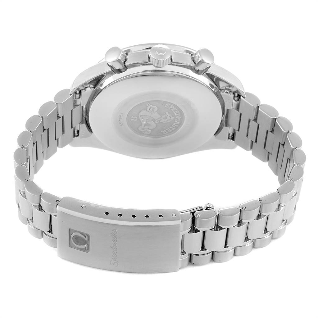 The image shows a rear view of an Omega Speedmaster 3510.50.00 Men
s Stainless Steel Black Dial 3510.50.00 Men
s Stainless Steel Black Dial watch, focusing on the case back, crown, pushers, and bracelet clasp.