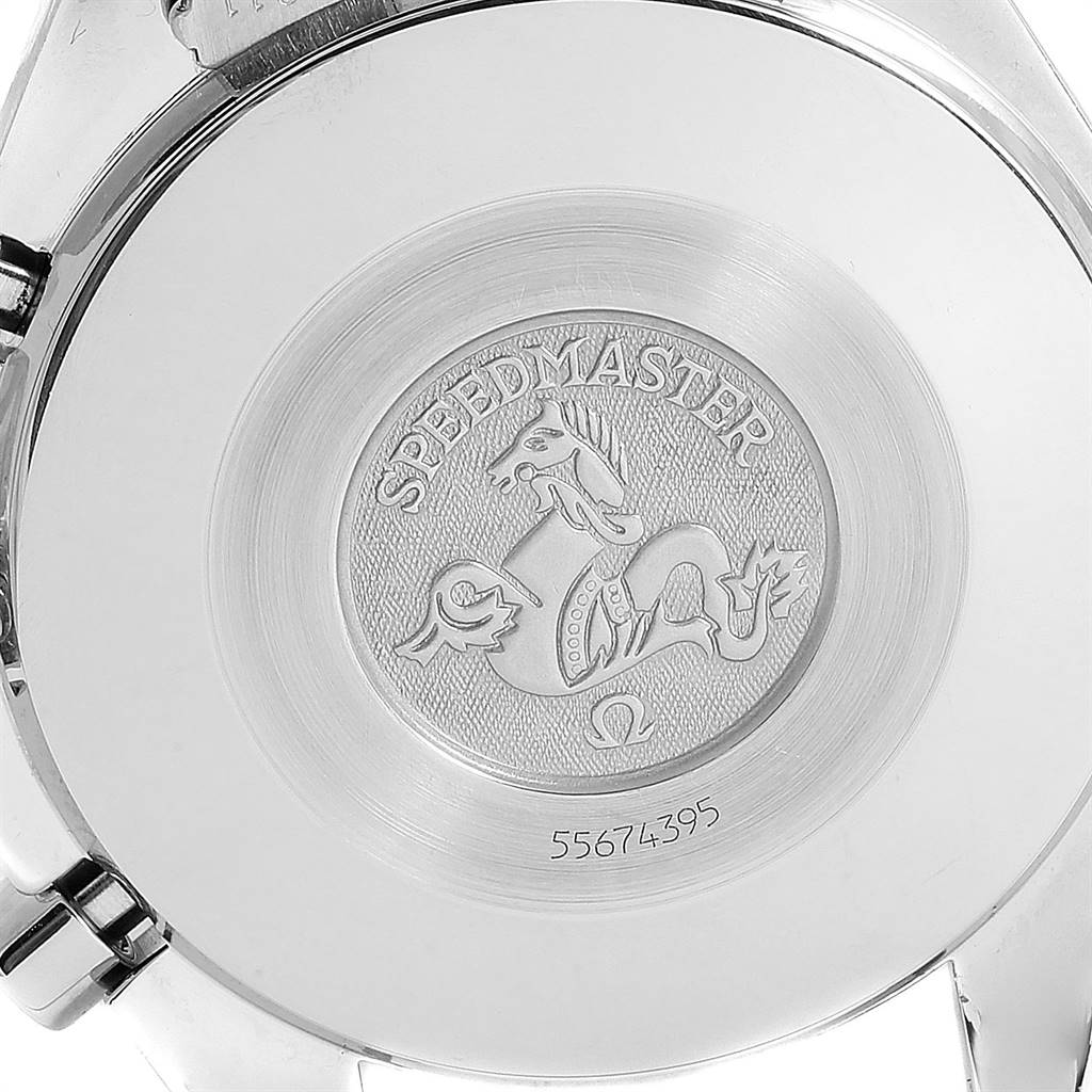 The image shows the back case of an Omega Speedmaster 3510.50.00 Men
s Stainless Steel Black Dial 3510.50.00 Men
s Stainless Steel Black Dial watch, featuring the engraved logo and model details.