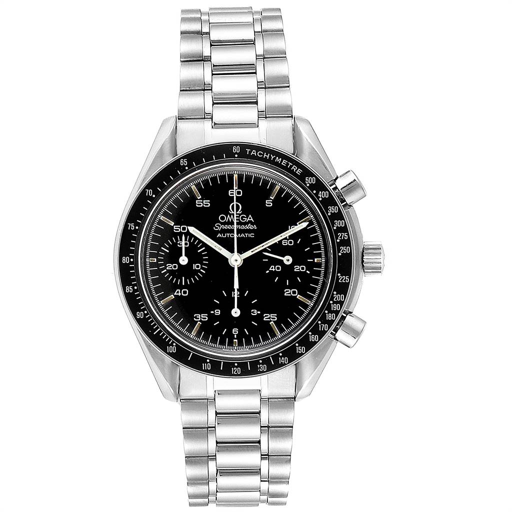 This image shows a frontal view of the Omega Speedmaster 3510.50.00 Men
s Stainless Steel Black Dial 3510.50.00 Men
s Stainless Steel Black Dial watch, displaying its face, bezel, and attached metal bracelet.